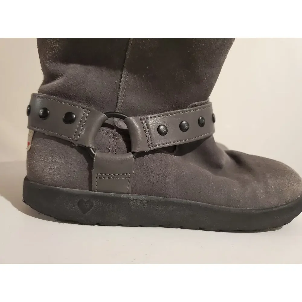 Ugg Heart Kids Suede Shearling Lined Mid Moto Boots Size 4 Gray Winter Leather